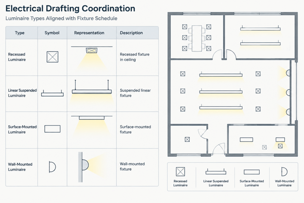 Lighting Fixture Schedules in CAD: Coordinating Types, Plans, Controls, and Details electrical CAD illustration