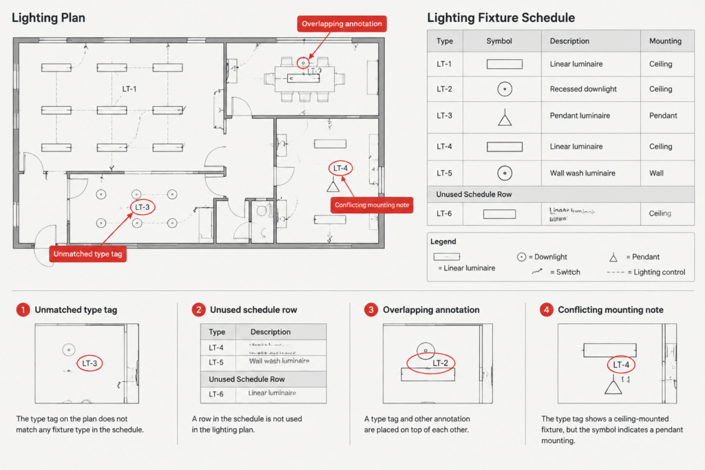 Lighting Fixture Schedules in CAD: Coordinating Types, Plans, Controls, and Details electrical CAD illustration