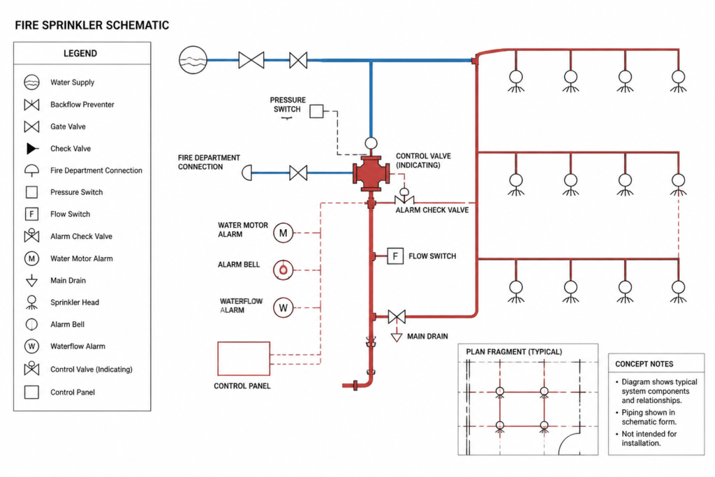 Schematic Diagram for Fire Sprinkler System Equipment engineering illustration