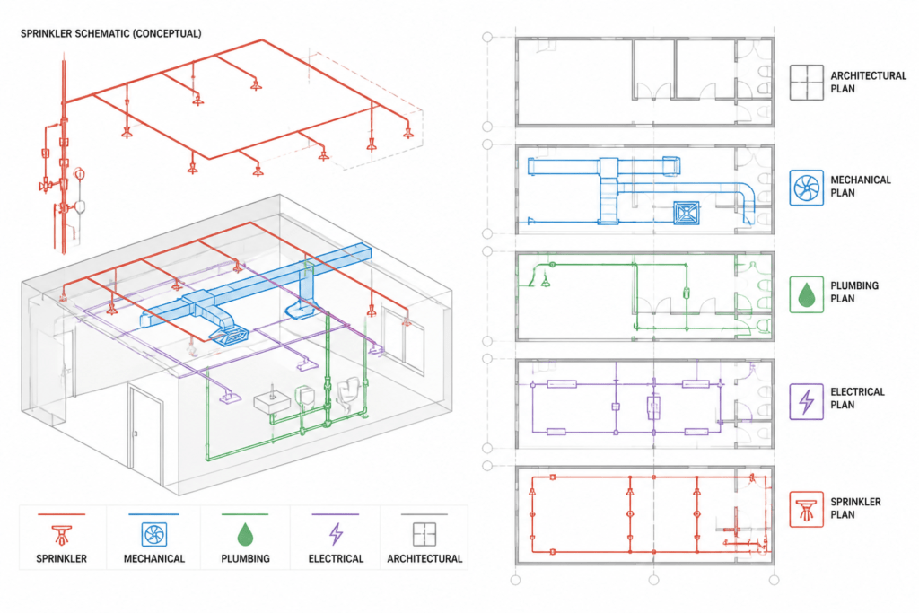 Schematic Diagram for Fire Sprinkler System Equipment engineering illustration