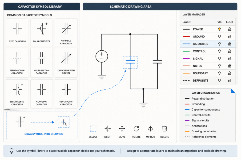 Schematic Symbols Capacitor DWG Block for AutoCAD Drawings engineering illustration