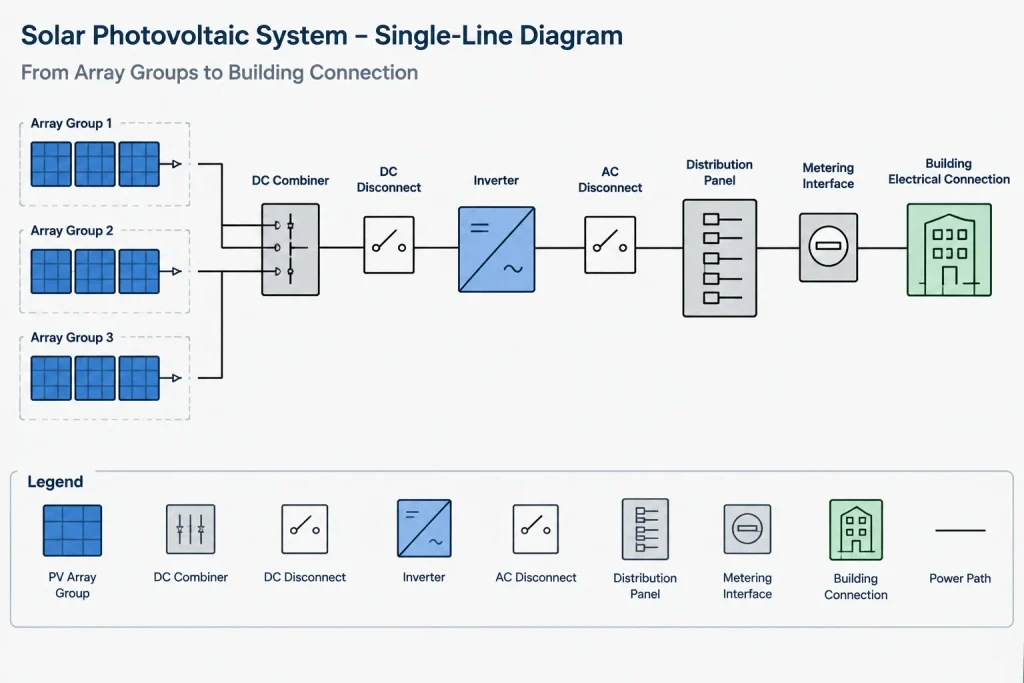 Solar PV Drawing Sets in CAD: Coordinating Arrays, Equipment, and Single-Line Diagrams electrical CAD illustration