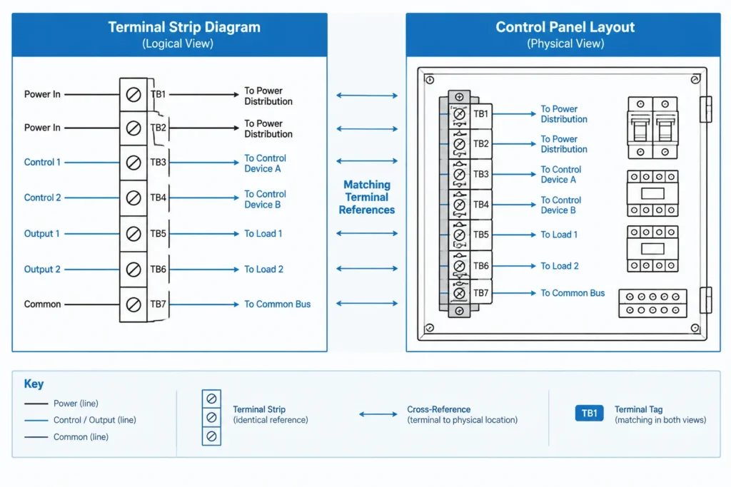 Terminal Block Drawings in CAD: Coordinating Strips, Wires, and Field Connections electrical CAD illustration