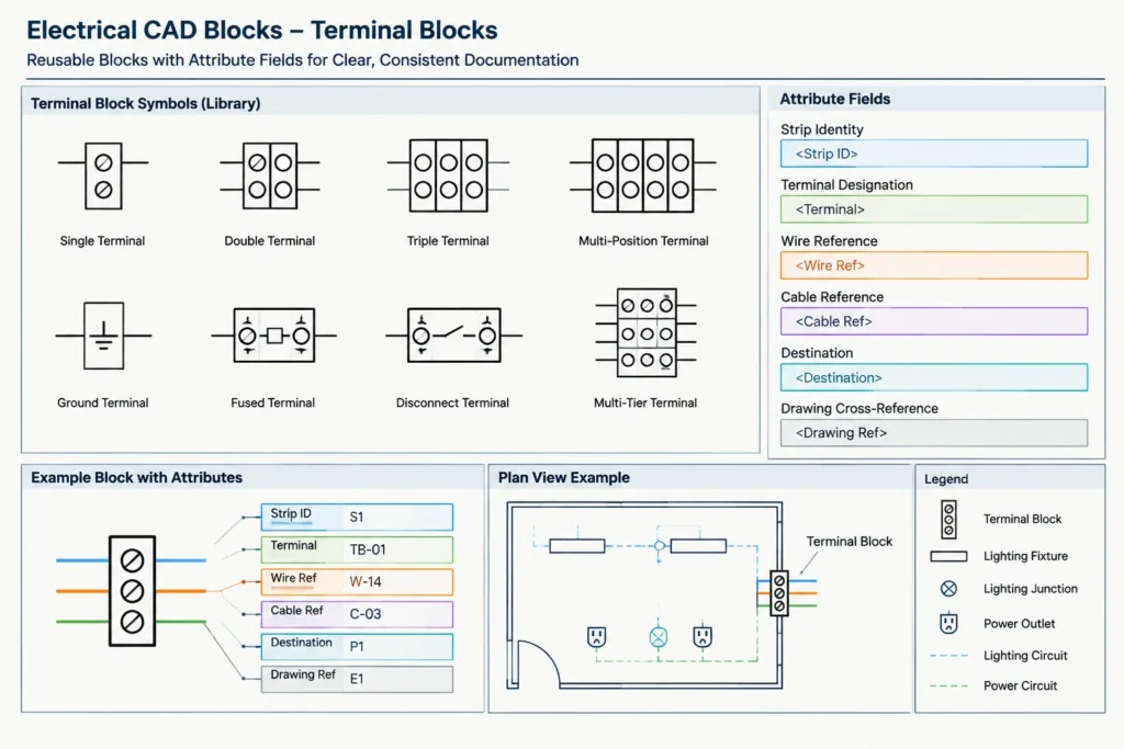 Terminal Block Drawings in CAD: Coordinating Strips, Wires, and Field Connections electrical CAD illustration