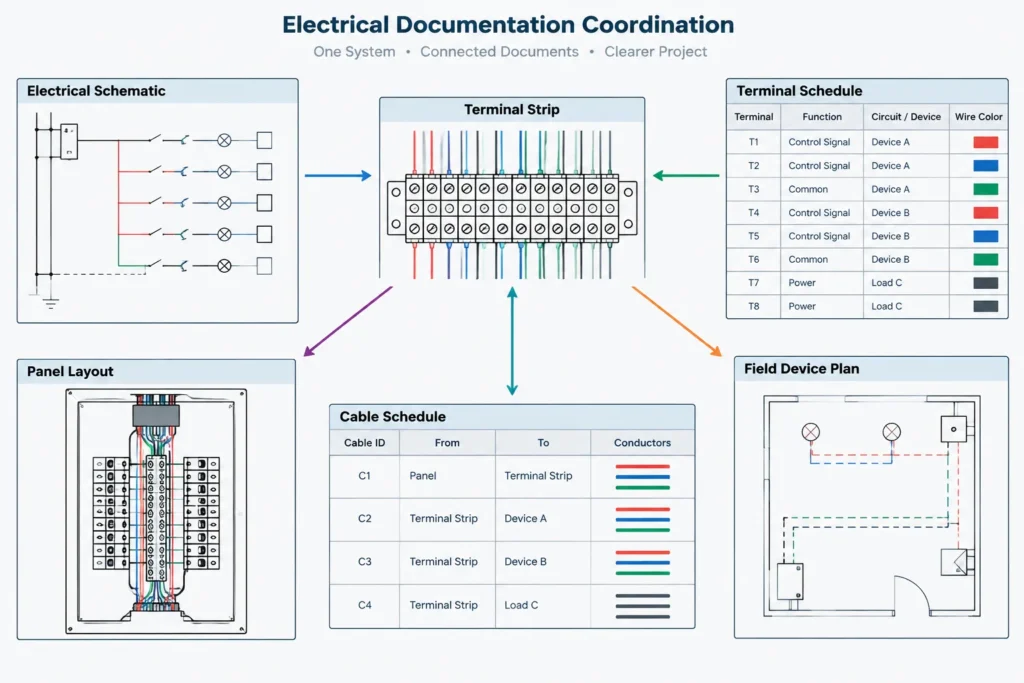 Terminal Block Drawings in CAD: Coordinating Strips, Wires, and Field Connections electrical CAD illustration