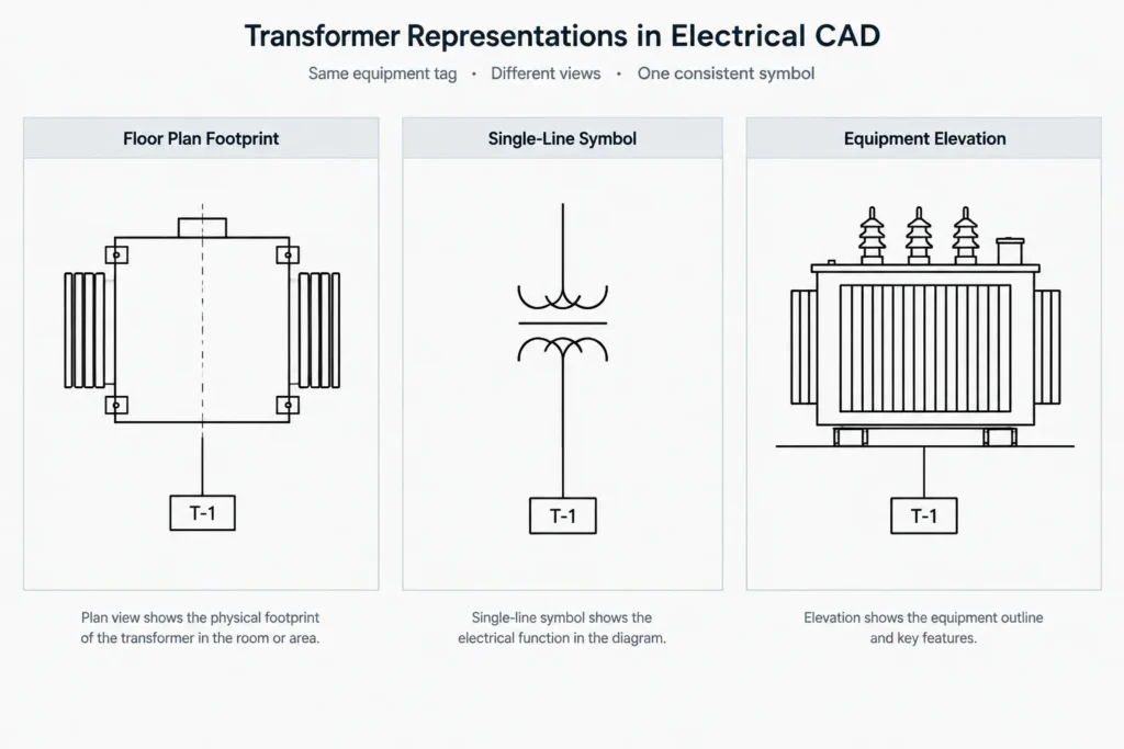 Transformer Documentation in CAD: Coordinating Plans, One-Lines, Schedules, and Details electrical CAD illustration