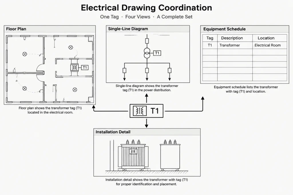 Transformer Documentation in CAD: Coordinating Plans, One-Lines, Schedules, and Details electrical CAD illustration