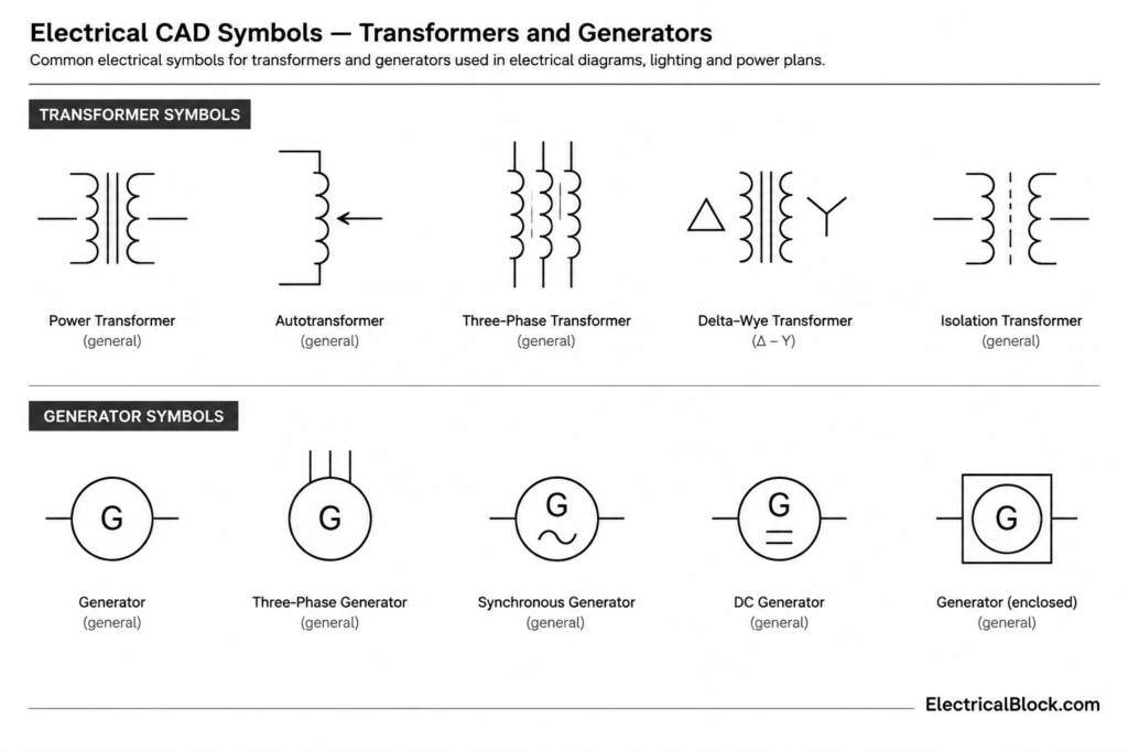 Transformers Generators Symbols DWG | AutoCAD CAD Blocks Download electrical CAD illustration