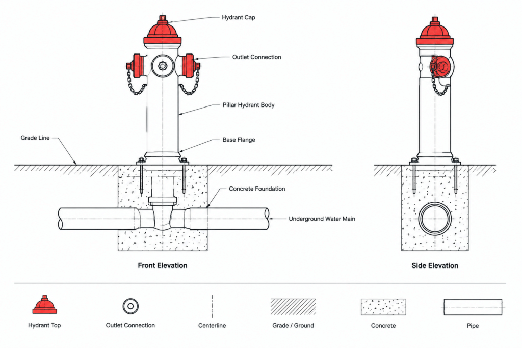 Typical Installation Details for Fire Hydrant Pillar Type electrical CAD illustration