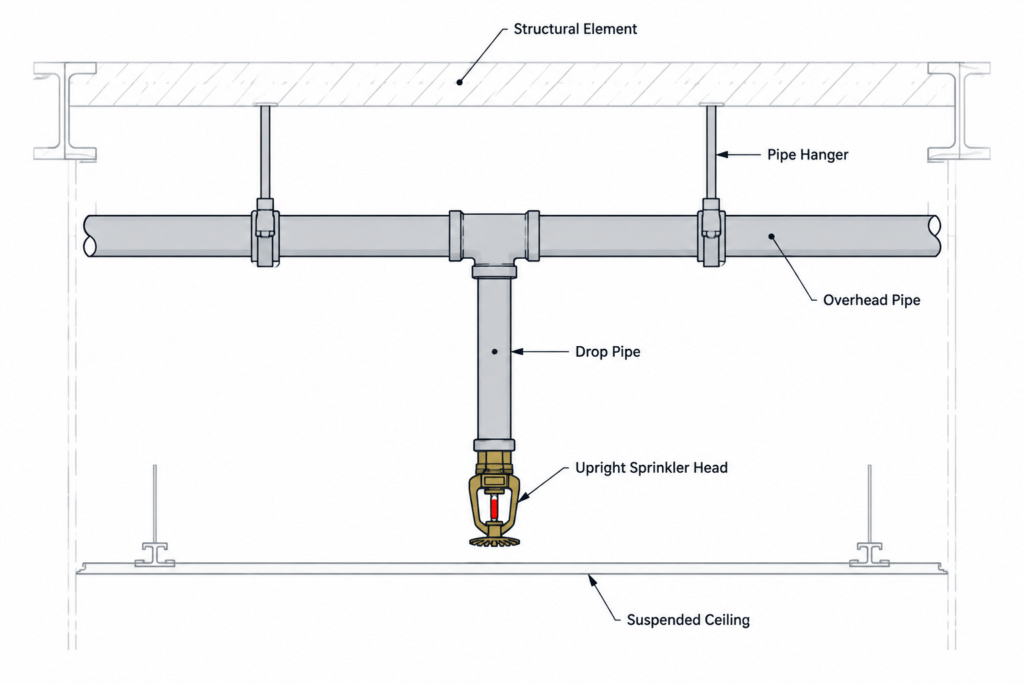 Upright Sprinkler Head AutoCAD Detail for Basement Floors electrical CAD illustration