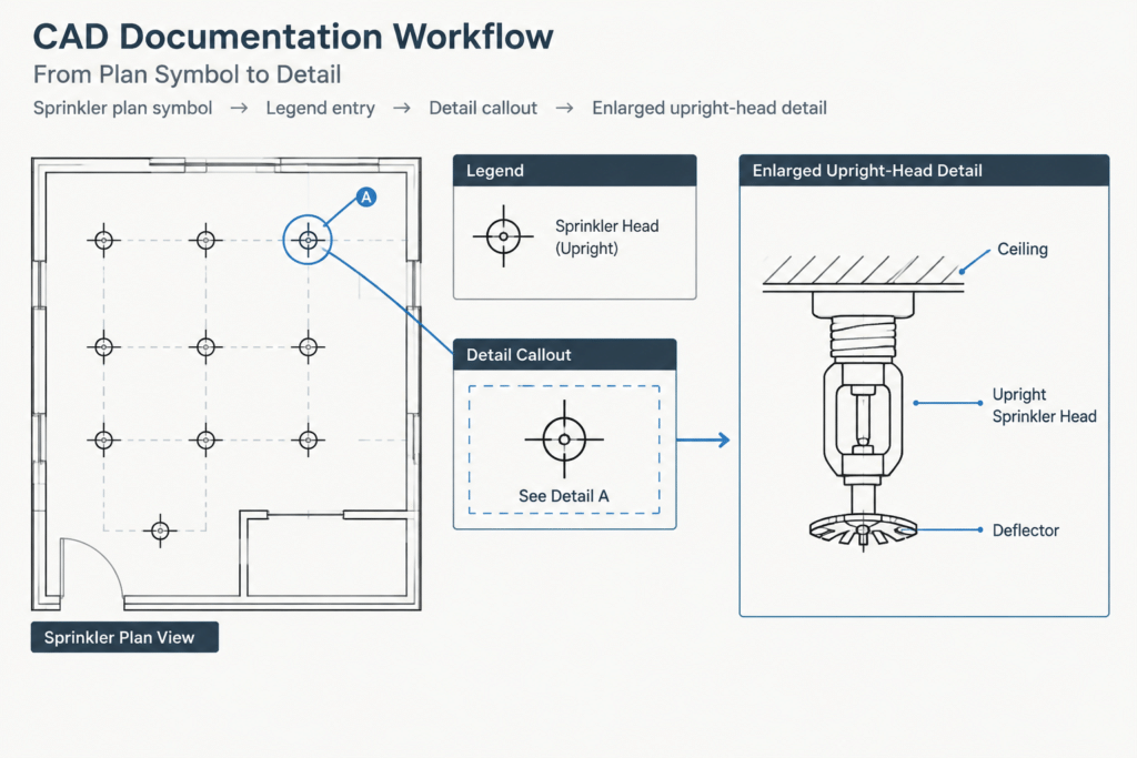 Upright Sprinkler Head AutoCAD Detail for Basement Floors electrical CAD illustration