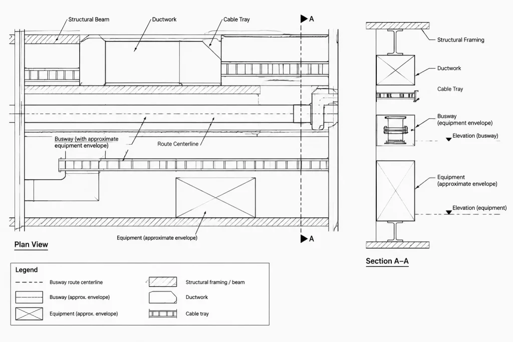 Busway Drawings in CAD: Coordinating Routes, Risers, Tap-Off Units, and Equipment electrical CAD illustration