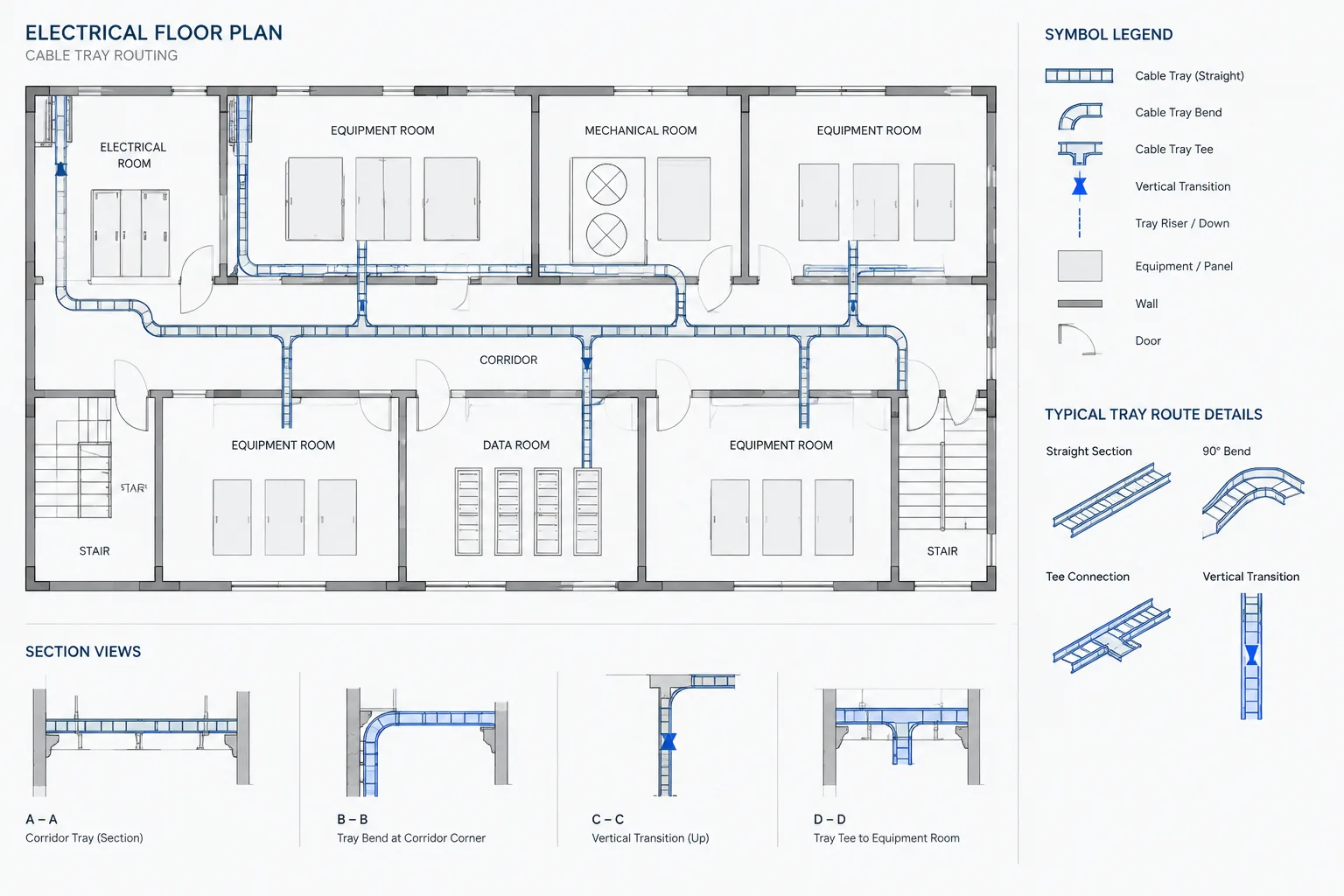 Cable Tray Plans in CAD: Routes, Elevations, Transitions, and Coordination