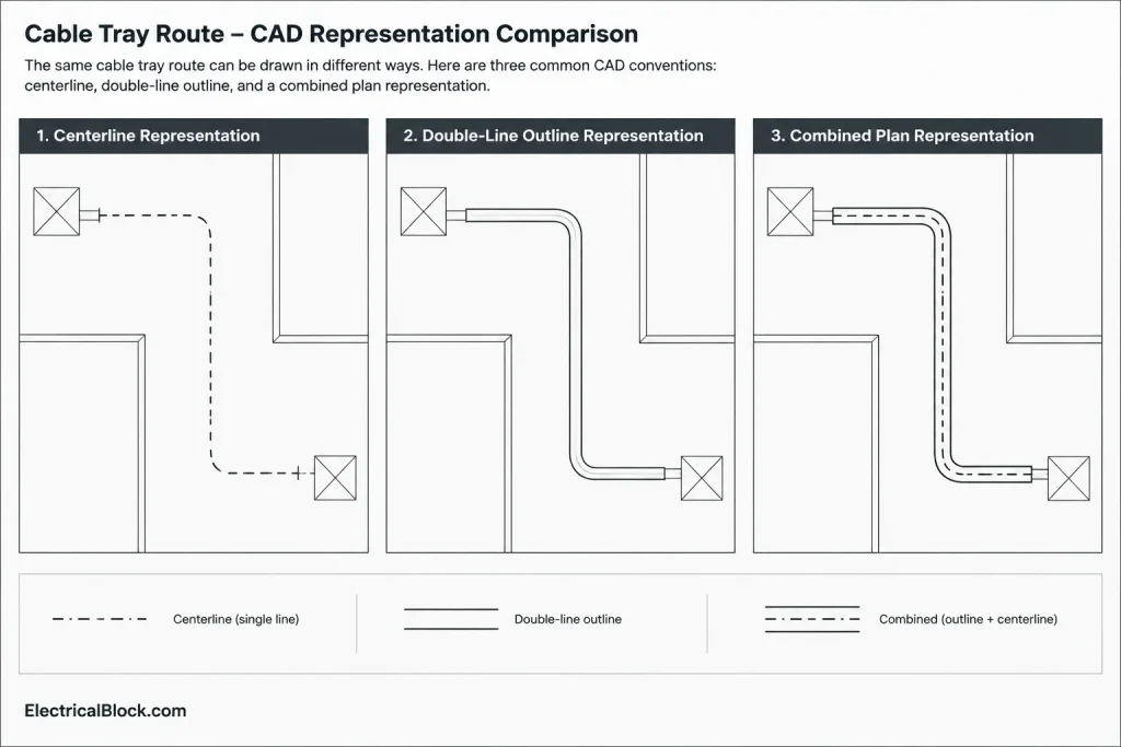 Cable Tray Plans in CAD: Routes, Elevations, Transitions, and Coordination electrical CAD illustration