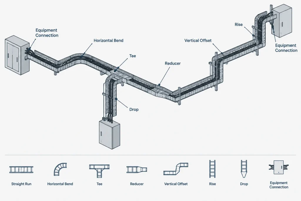 Cable Tray Plans in CAD: Routes, Elevations, Transitions, and Coordination electrical CAD illustration