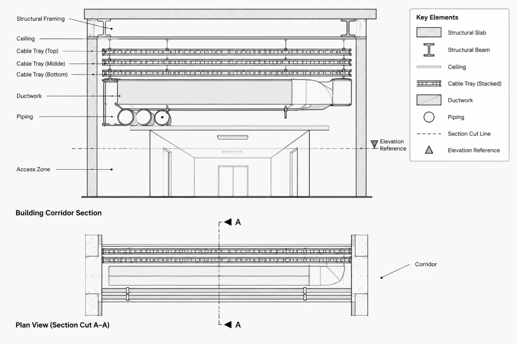 Cable Tray Plans in CAD: Routes, Elevations, Transitions, and Coordination electrical CAD illustration