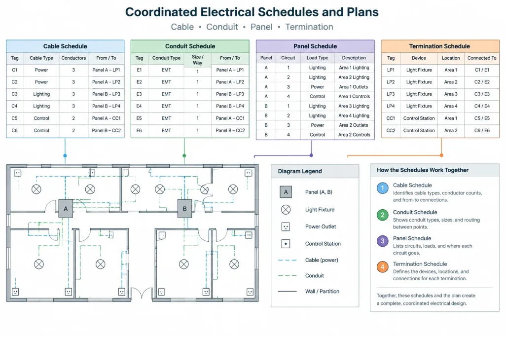 Electrical Cable Schedules in CAD: Coordinating Cable IDs, Routes, and Terminations electrical CAD illustration
