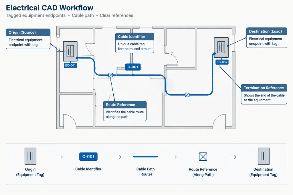 Electrical Cable Schedules in CAD: Coordinating Cable IDs, Routes, and Terminations electrical CAD illustration