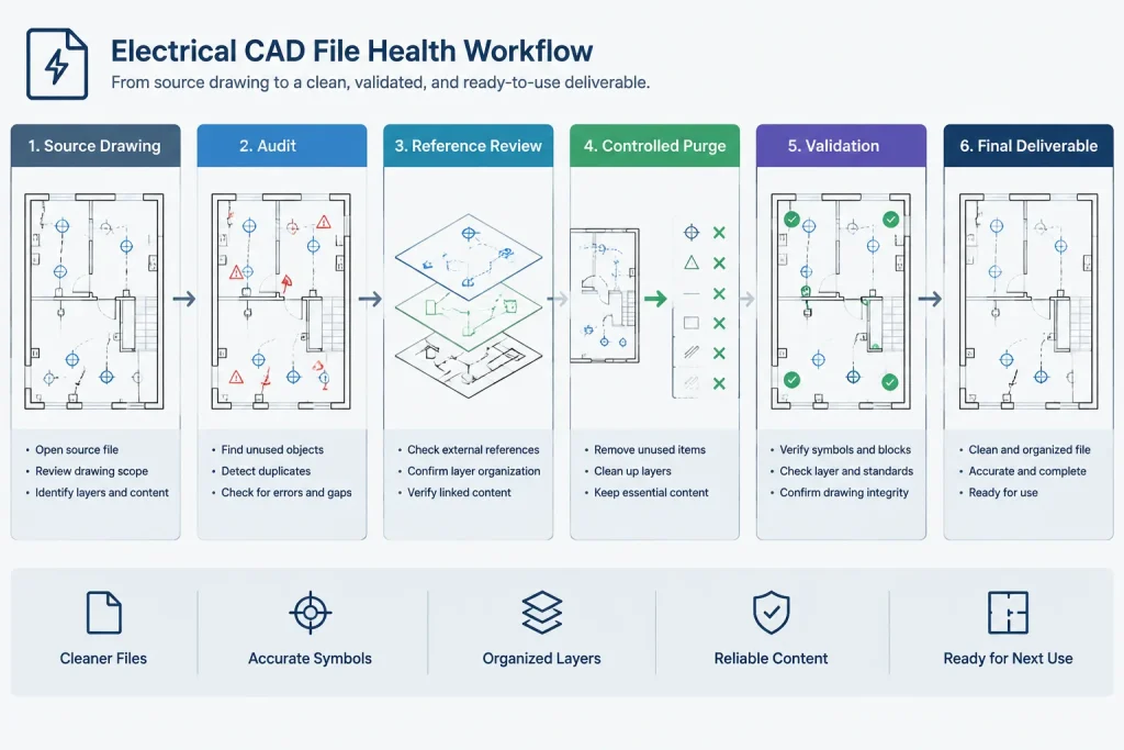 Electrical CAD File Health: Auditing, Purging, and Repairing Drawing Data electrical CAD illustration