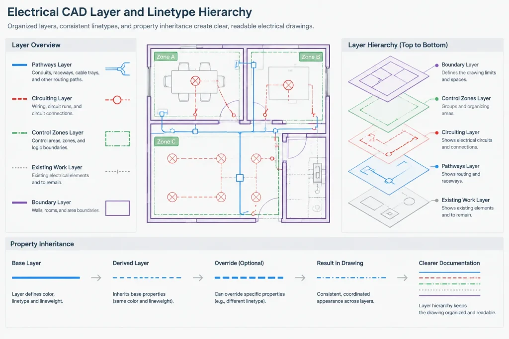 Electrical CAD Linetypes: Distinguishing Circuits, Raceways, Boundaries, and Existing Work electrical CAD illustration