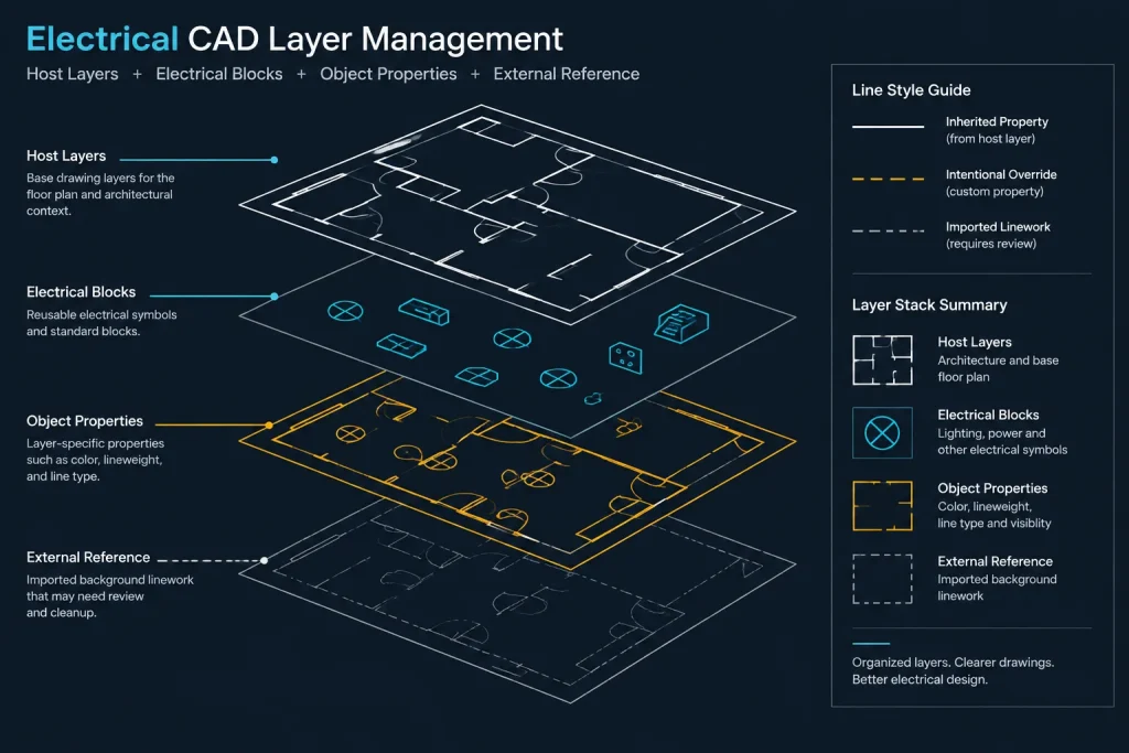 Electrical CAD Linetypes: Distinguishing Circuits, Raceways, Boundaries, and Existing Work electrical CAD illustration