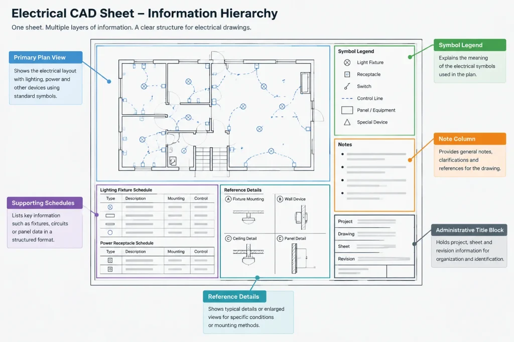 Electrical CAD Sheet Layout: Organizing Plans, Legends, Notes, and Schedules electrical CAD illustration