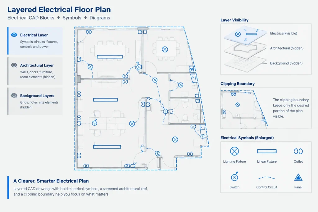 Electrical CAD Xrefs: Attachment, Overlay, File Paths, and Coordination electrical CAD illustration