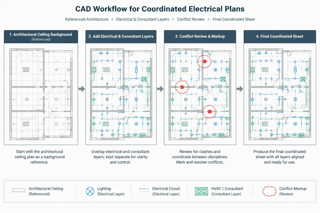 Electrical Ceiling Coordination Plans in CAD: Aligning Devices with Ceilings and Building Systems electrical CAD illustration