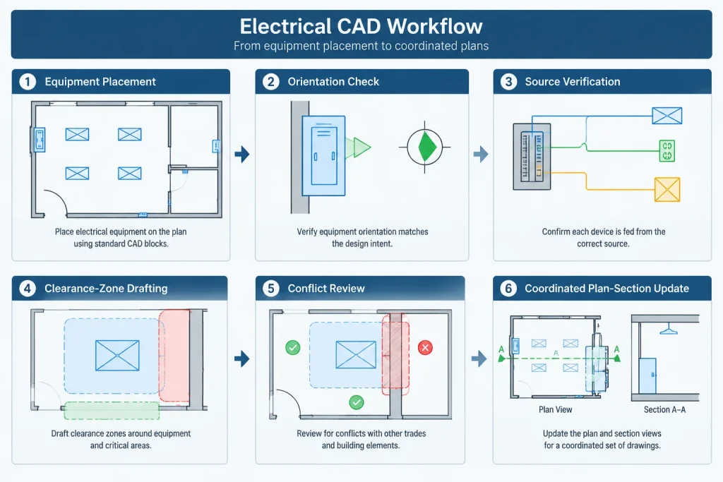 Electrical Clearance and Access Zones in CAD: A Verification-First Drafting Workflow electrical CAD illustration