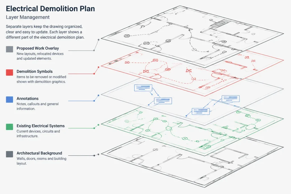 Electrical Demolition Plans in CAD: Existing Conditions, Removal Scope, and Coordination electrical CAD illustration