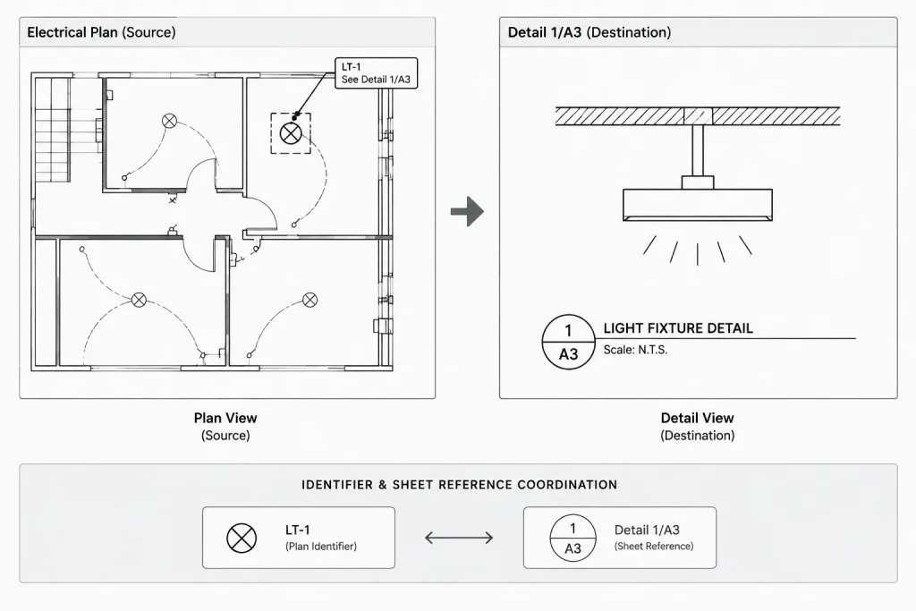 Electrical Detail Callouts in CAD: Coordinating Plans, Details, and Sheet References electrical CAD illustration