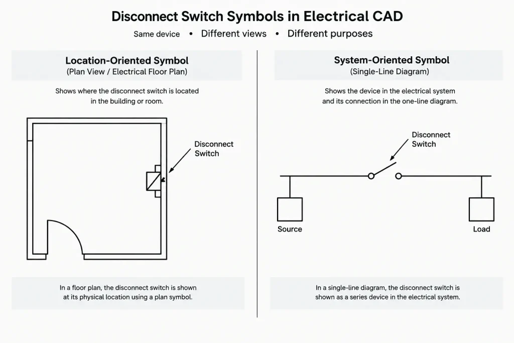 Electrical Disconnect Switches in CAD: Coordinating Plans, One-Lines, and Equipment Tags electrical CAD illustration