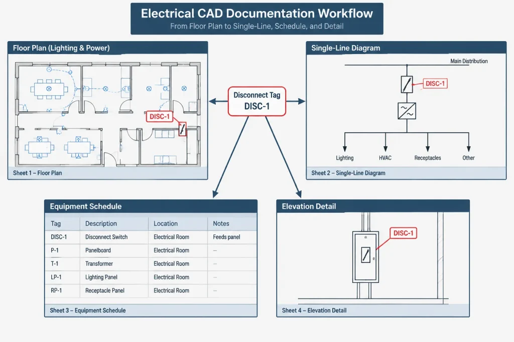 Electrical Disconnect Switches in CAD: Coordinating Plans, One-Lines, and Equipment Tags electrical CAD illustration
