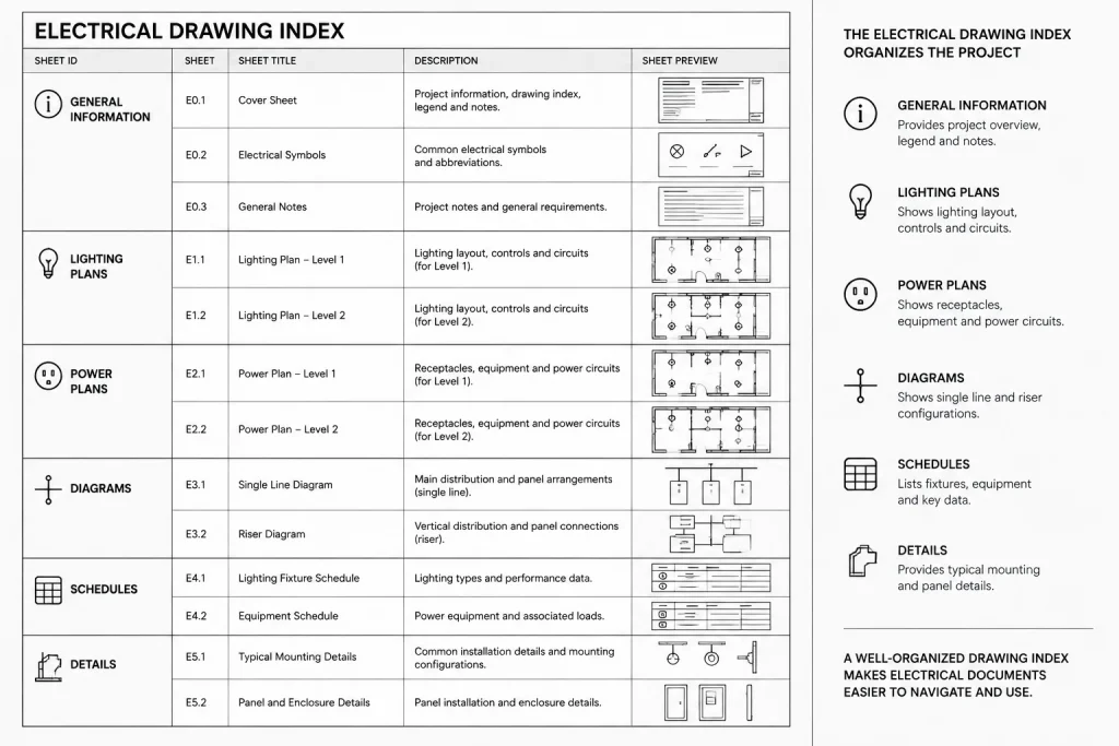 Electrical Drawing Indexes in CAD: Sheet Numbering, Titles, and Issue Coordination electrical CAD illustration