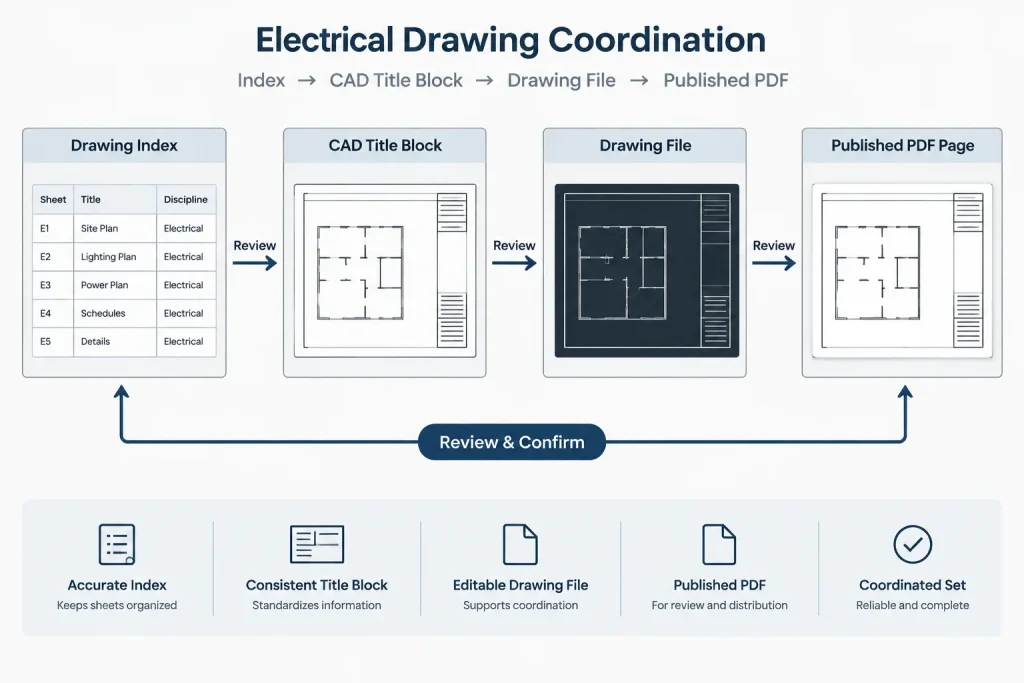 Electrical Drawing Indexes in CAD: Sheet Numbering, Titles, and Issue Coordination electrical CAD illustration
