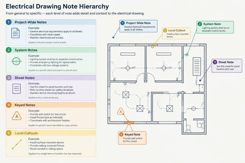 Electrical Drawing Note Hierarchy in CAD: General, Sheet, and Local Notes electrical CAD illustration