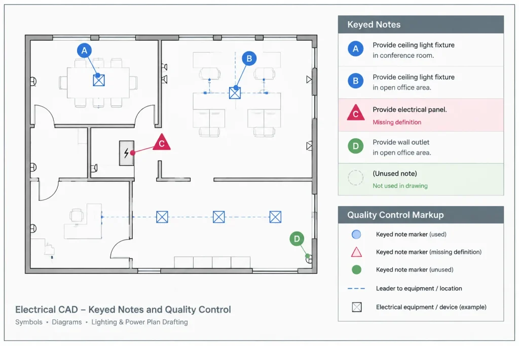 Electrical Drawing Note Hierarchy in CAD: General, Sheet, and Local Notes electrical CAD illustration