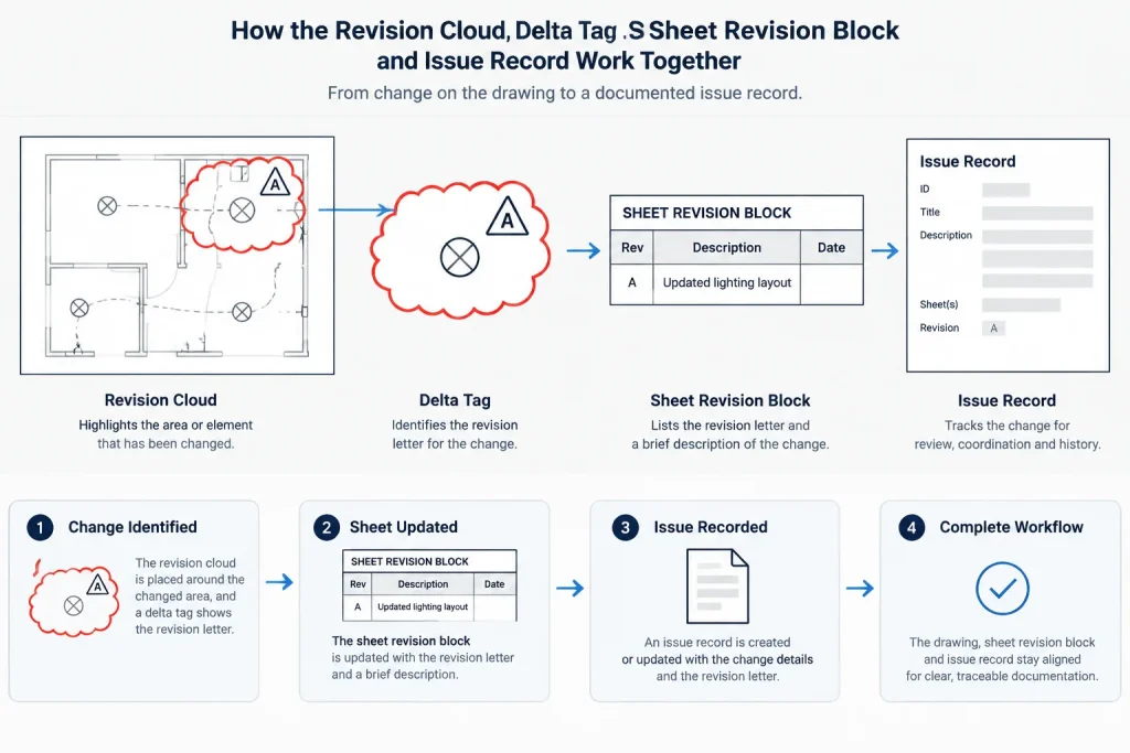 Electrical Drawing Revision Clouds in CAD: Change Marking, Delta Tags, and Issue Control electrical CAD illustration
