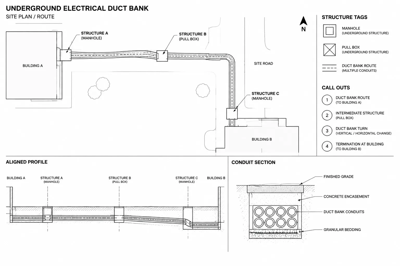 Electrical Duct Bank Drawings in CAD: Coordinating Plans, Profiles, Sections, and Conduit IDs