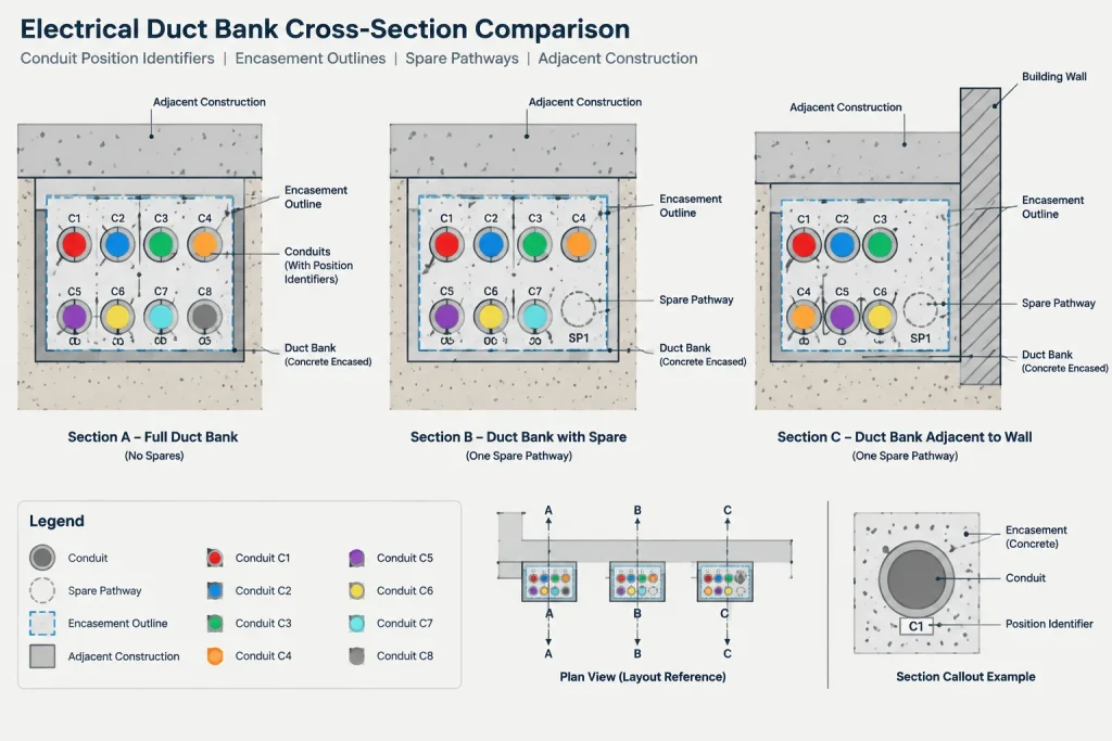 Electrical Duct Bank Drawings in CAD: Coordinating Plans, Profiles, Sections, and Conduit IDs electrical CAD illustration