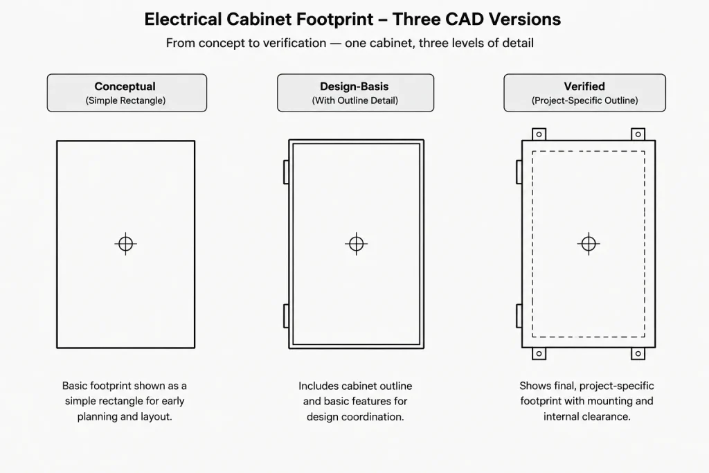 Electrical Equipment Footprints in CAD: From Placeholder Blocks to Verified Layouts electrical CAD illustration