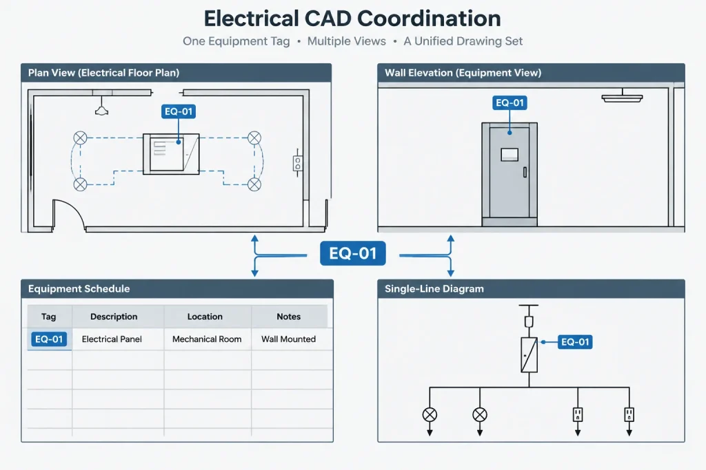 Electrical Equipment Footprints in CAD: From Placeholder Blocks to Verified Layouts electrical CAD illustration