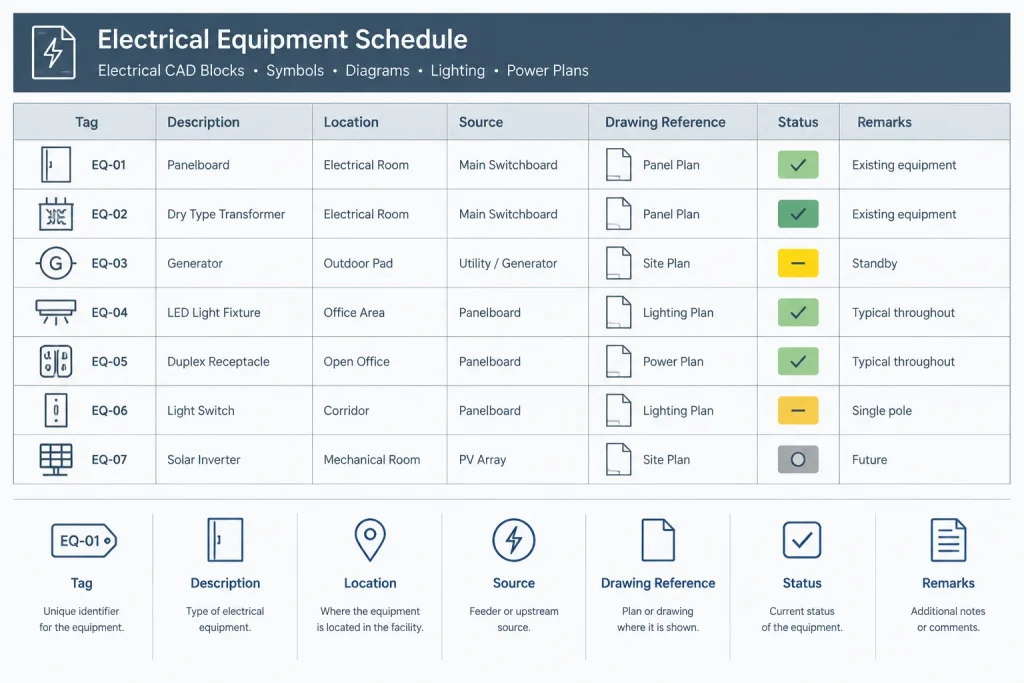 Electrical Equipment Schedules in CAD: Coordinating Plans, Diagrams, and Specifications electrical CAD illustration
