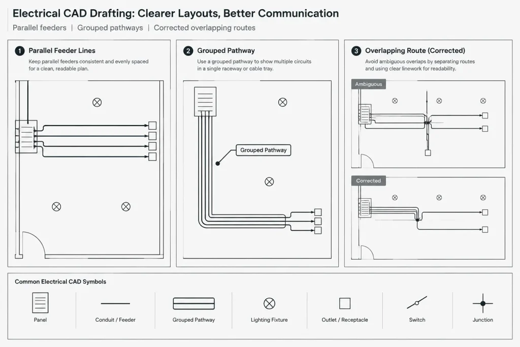 Electrical Feeder Routing Plans in CAD: Paths, Tags, and Drawing Coordination electrical CAD illustration