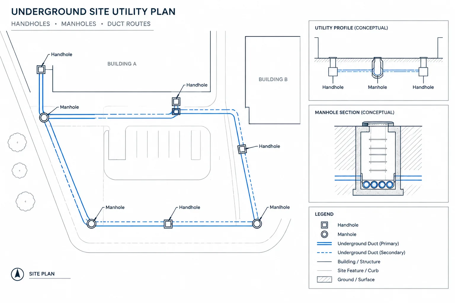 Electrical Manhole and Handhole Drawings in CAD: Plans, Sections, and Cable Routing