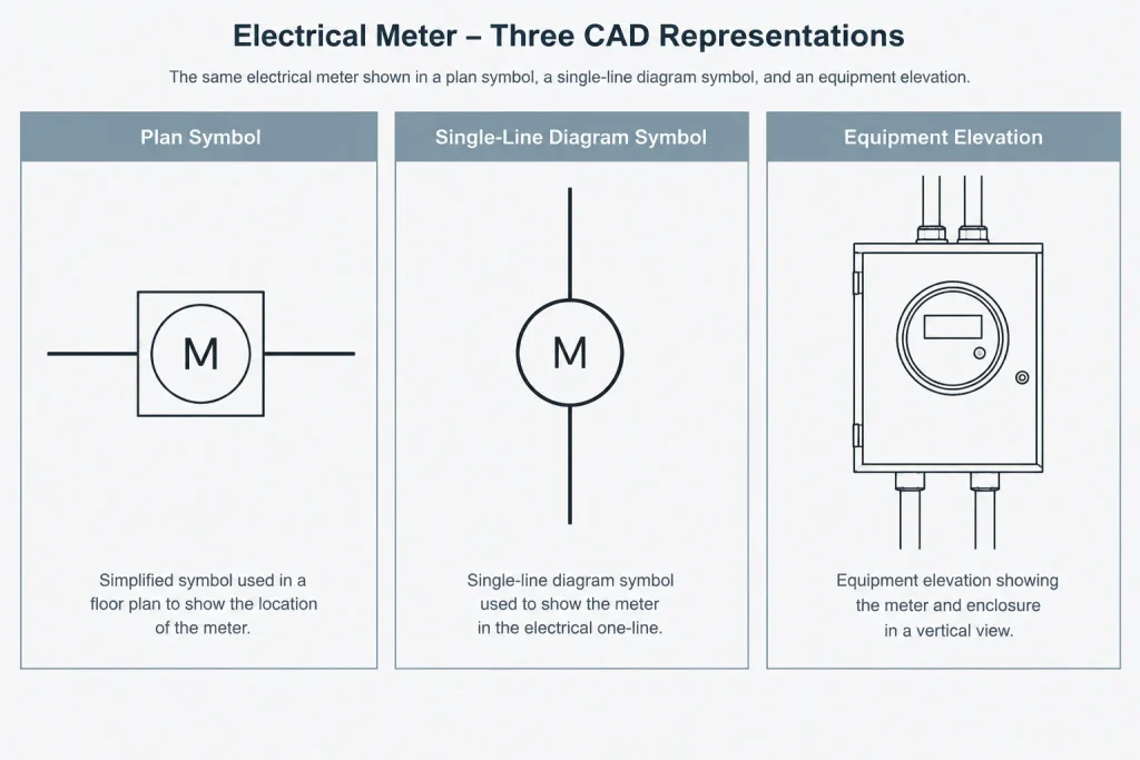 Electrical Metering Drawings in CAD: Coordinating Plans, One-Lines, and Schedules electrical CAD illustration