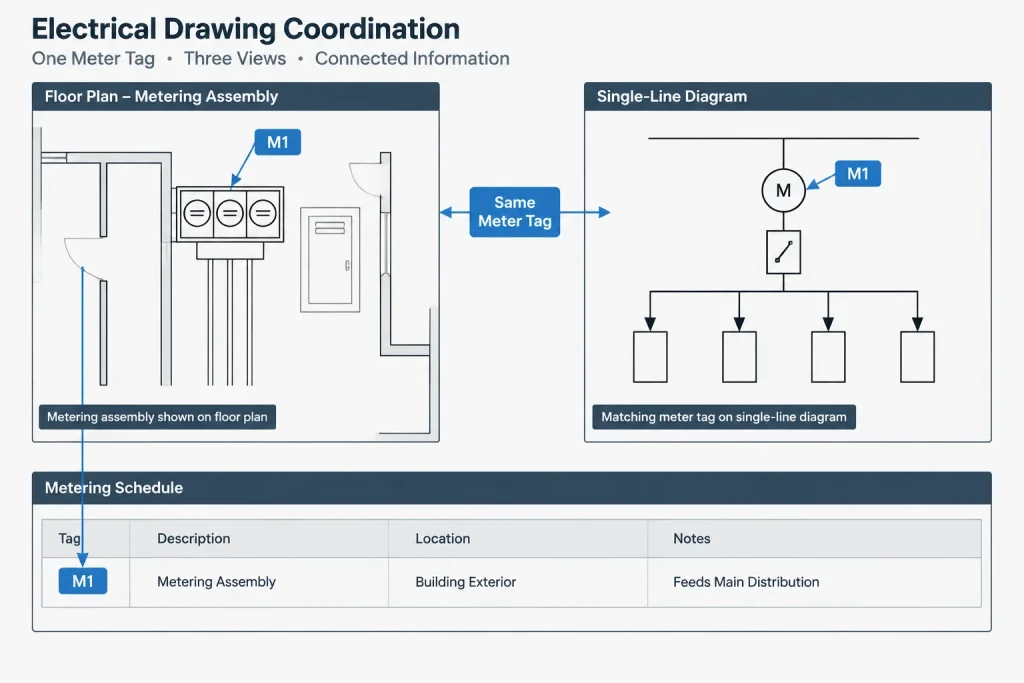 Electrical Metering Drawings in CAD: Coordinating Plans, One-Lines, and Schedules electrical CAD illustration
