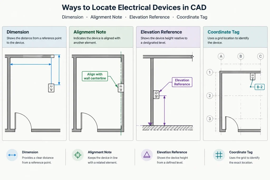 Electrical Plan Dimensioning in CAD: Locating Devices and Equipment Clearly electrical CAD illustration
