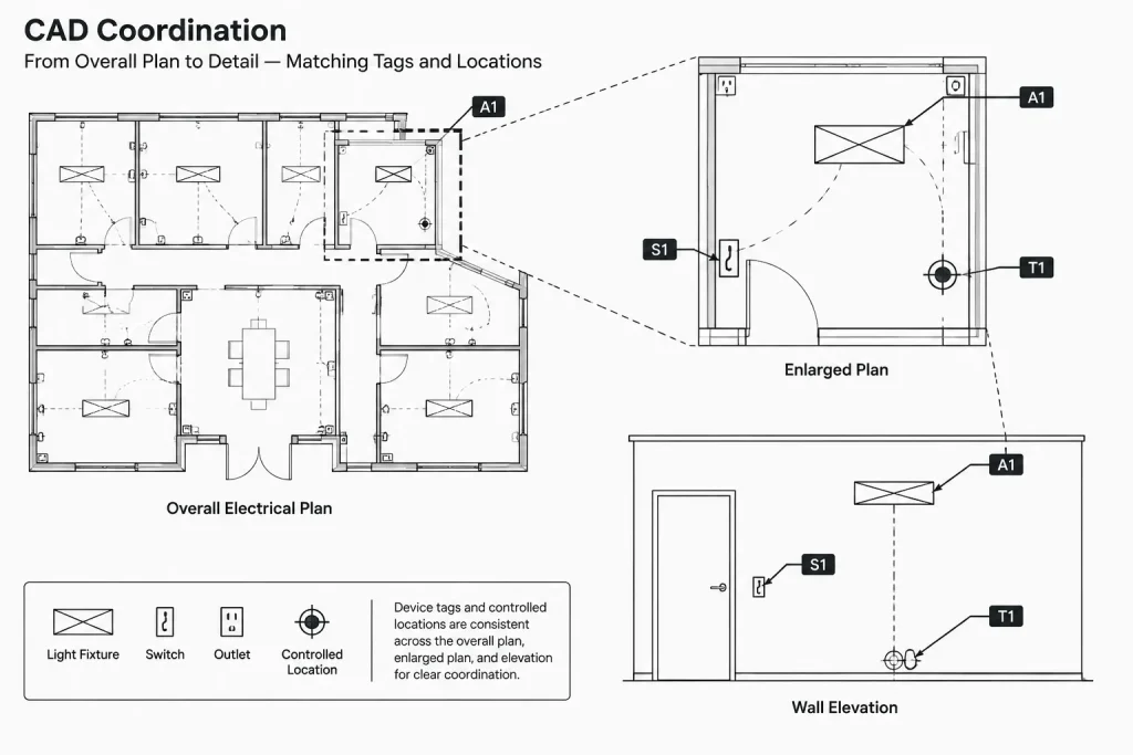 Electrical Plan Dimensioning in CAD: Locating Devices and Equipment Clearly electrical CAD illustration
