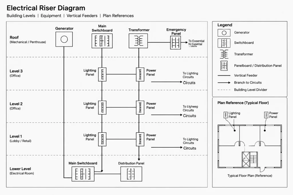 Electrical Riser Diagrams vs. Single-Line Diagrams: What Each Drawing Should Show electrical CAD illustration